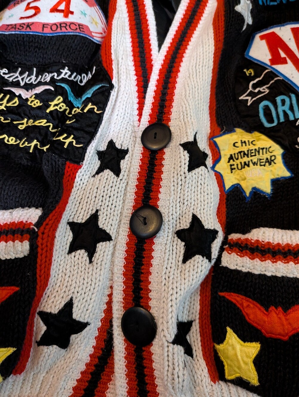 Vintage No! Jeans Fly To The Skies Black Patch Chunky Knit Cardigan OSFM - Picture 4 of 16